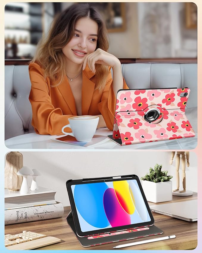 Kidcube for iPad 10th Generation Case 2022, for iPad (A16) Case 11th Generation 2025 - Women Girl Cute Rotating Stand Folio Cover with Pencil Holder & Card Slot Girly Kawaii Floral Flower Design Cases