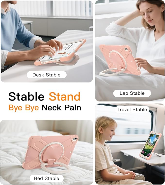 BATYUE case for iPad Air 3rd Gen 2019 & iPad Pro 10.5" 2017, Heavy Duty Rugged Protective Cover with 360° Swivel Stand, Shoulder Strap & Pencil Holder - for Business, Outdoor, Kids - Rose Gold
