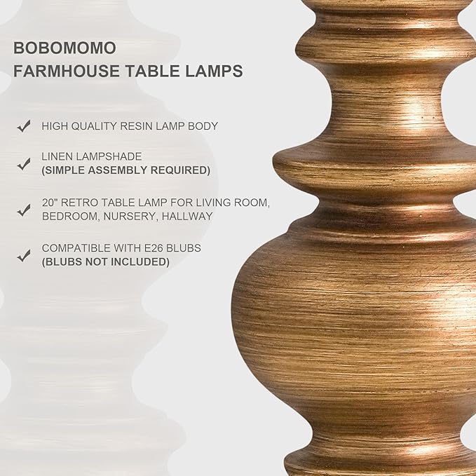BOBOMOMO 20" Antique Gold Table Lamps Set of 2 – Handcrafted Vintage Bedside Lamps with Linen Shades, Elegant Farmhouse Lamps for Bedroom, Living Room, or Entryway – Perfect for Compact Spaces