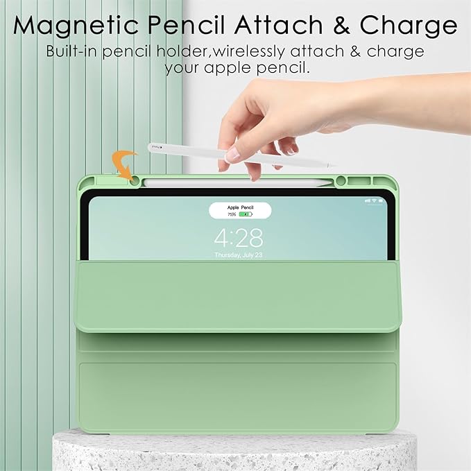 Soke for New iPad Air 13 Inch Case (M3 2025/M2 2024) with Pencil Holder, [Auto Wake/Sleep + Camera Protection] Shockproof Cover with Clear Transparent Back for Apple iPad Pro 12.9", Matcha Green