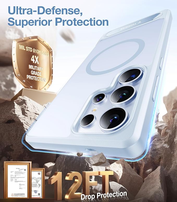 TORRAS Strong Magnetic & Seamless Stand for Samsung Galaxy S25 Ultra Case, Fit for MagSafe, Mil-Grade Drop Protection, Kickstand for Samsung Galaxy S25 Ultra Case, Translucent Back/Silverblue Edge