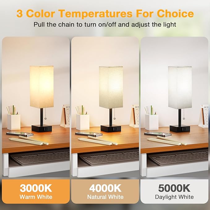 aooshine Small Linen Bedroom Lamp - 3 Color Temperature 3000K 5000K 4000K Bedside Lamp, Pull Chain Control, USB A and C Charging Ports, Black Base, for Kids Office Dorm, Bulb Included