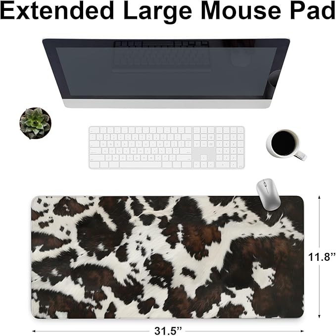 Cow Print Mouse Pad Gaming, Large Mouse Pads for Desk, Highland Cow Print Extended Mousepad with Stitched Edge, Non-Slip Rubber Base, Long Full Keyboard Mat for Desk Game Home Office, 31.5" x 11.8"