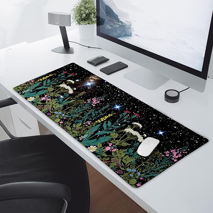 Black Aesthetic Wildflower Large Mouse Pad XXL Space Galaxy Weeds Herb Cute Floral Extended Large Desk Mat Big Desk Pad 90X40 CM Non-Slip Rubber Base Stitched Edge Long Mousepad,35.4 x 15.7 Inch