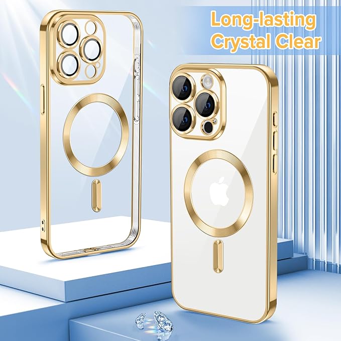 Hython Magnetic Clear for iPhone 15 Pro Max Case with Camera Lens Protector [Compatible with MagSafe] Plating Edge Slim Soft TPU Cover Protective Phone Case for iPhone 15 Pro Max 6.7", Gold