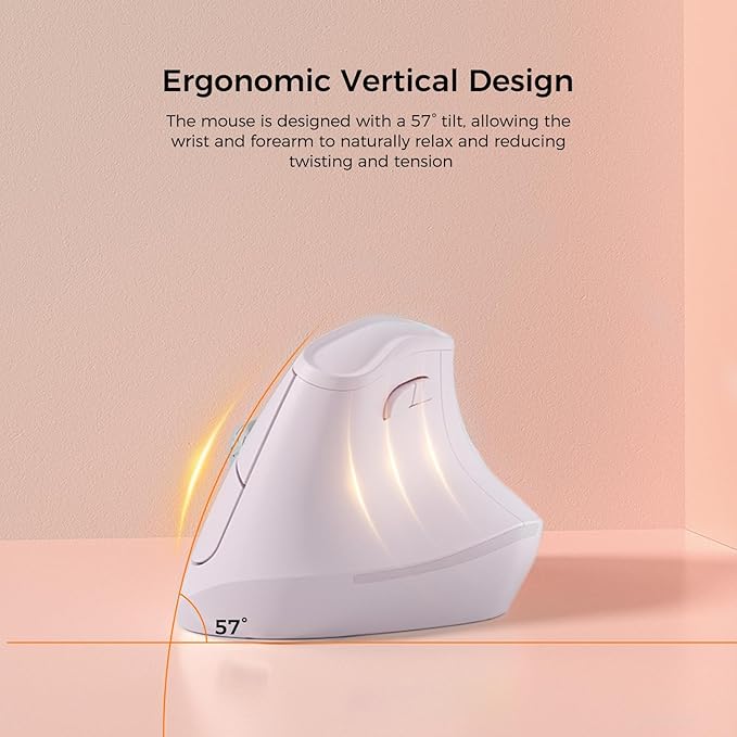 KYSONA 57° Ergonomic Wireless Tower Mouse, Vertical Quiet Ergo Mouse, Bluetooth(BT5.0,BT3.0)&2.4G, (800/1200/2400/2400/4000), 7 Buttons for Windows, macOS, iPadOS, Laptop, PC, Pink