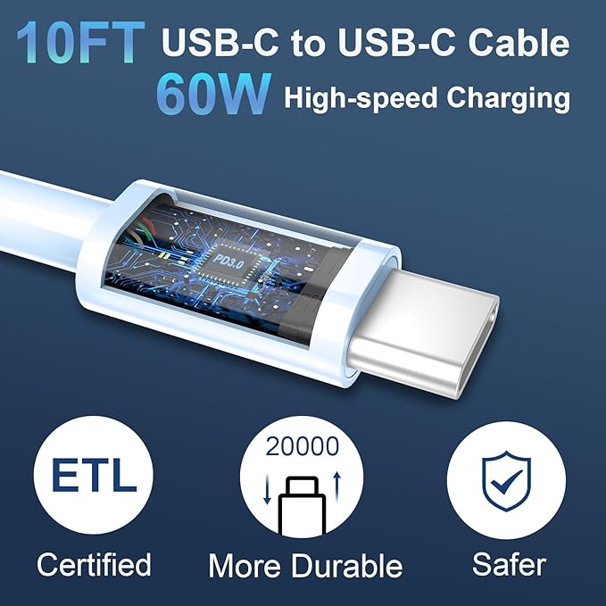 20W Dual Port USB C Charger Block,Phone 17/16/15 Pro Max Charger Fast Charging with 10FT Long USB C to C Charging Cable Cord for 17 16 Pro Max/17 16 15Pro/15/15Plus,Android Phone-Gradient Blue