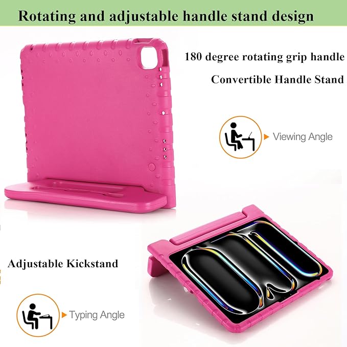 Kids Case for iPad Air 13-inch M3/M2 & iPad Pro 13 inch Case M5/M4 (2025/2024) with Pencil Holder/Kickstand Lightweight Convertible Handle Stand EVA Shockproof Rugged Protective Cover, Rose