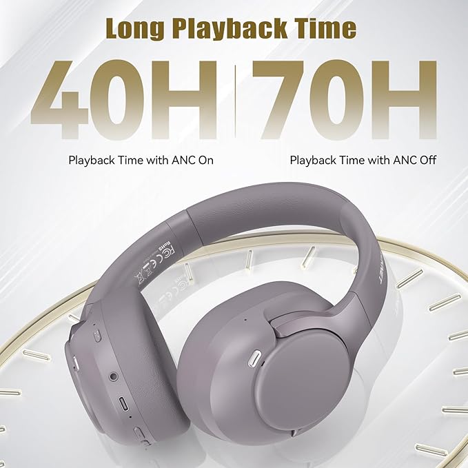 TECKNET Hybrid Active Noise Cancelling Headphones, Bluetooth 6.0 Wireless Headphones, 70H Playtime and 6 EQ Music Modes with 3.5mm Cord, Over Ear Headphones for Travel Work Cellphone - Purple Gray