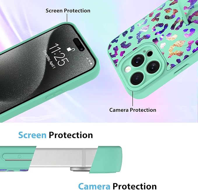 KANGHAR Compatible with iPhone 15 Pro Case, Support for MagSafe, Silicone Cute Iridescent Leopard Cheetah Pattern, Wristband Kickstand Shockproof Protective Slim Cover for Women Girls, Green
