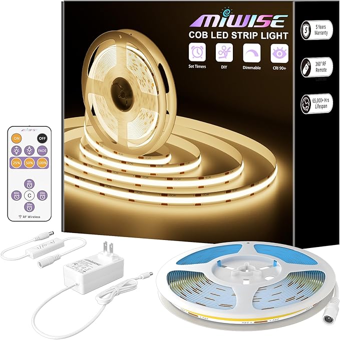 MIWISE COB LED Strip,3000K Warm White 20ft/6.1m,Dimmable Super Bright 24V LED Strip Light,CRI 90+ Flexible Tape Light with RF Remote Timer Function,for Home/Cabinet/Bedroom/TV DIY Lighting Project