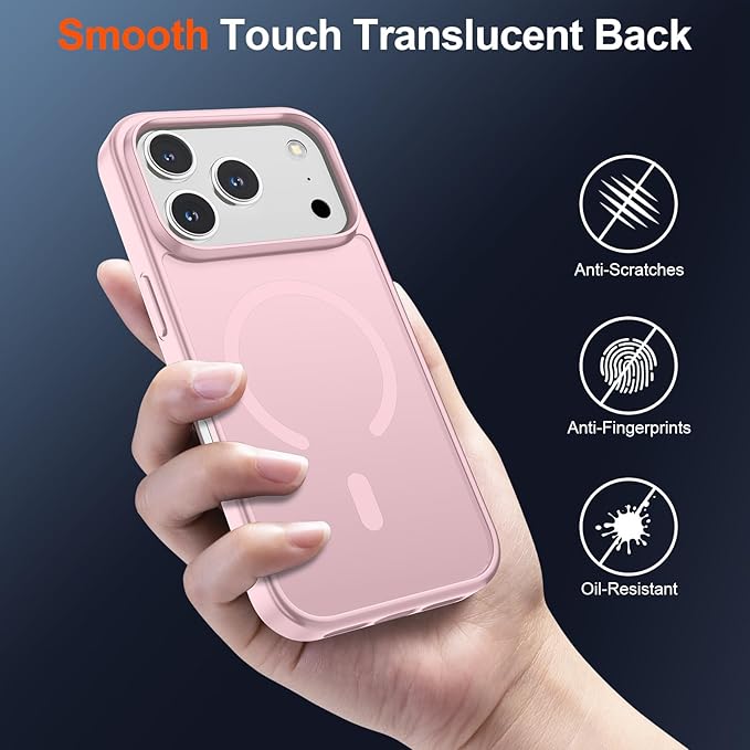 SUPFINE Magnetic for iPhone 17 Pro Case (Compatible with MagSafe)(Military Grade Drop Protection) Translucent Matte Shockproof with Anti-Fingerprint Phone Cover,Light Pink