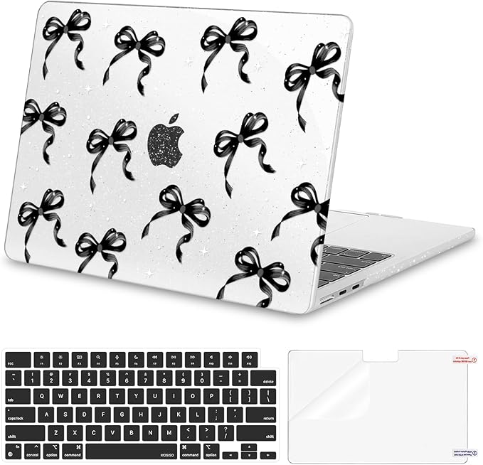 MOSISO Compatible with MacBook Air 13 inch Case M5 2026 M4 2025 M3 M2 2024-2022 A3449 A3240 A3113 A2681, 3 in 1 Kit Ribbons Bows Sparkly Plastic Hard Shell Case for MacBook Air 13.6 inch Case, Black