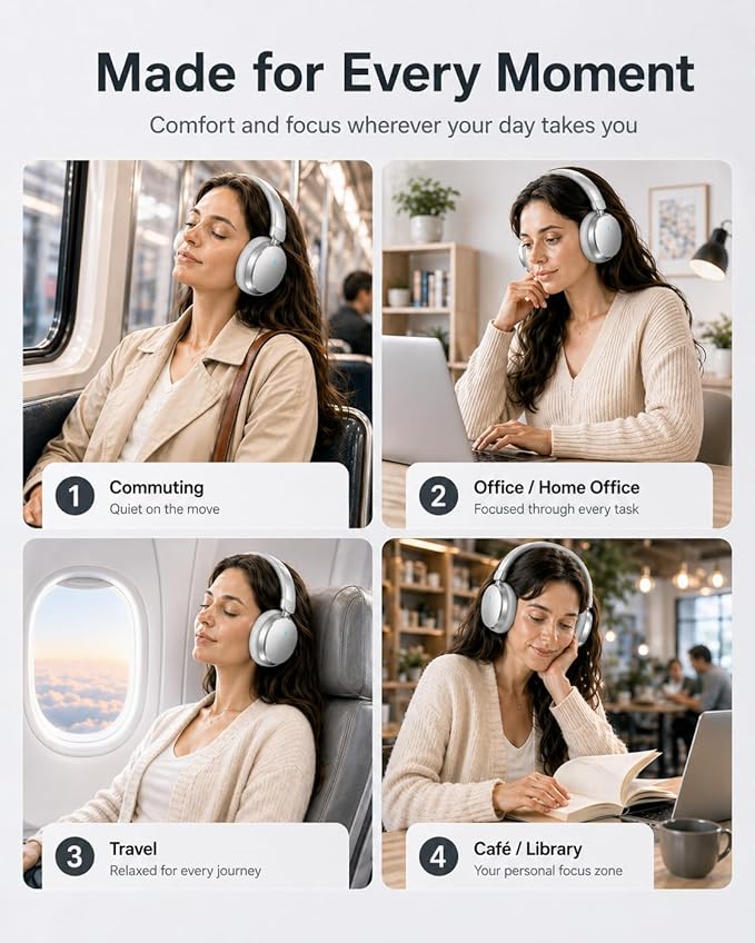 Wentronic Y05 Bluetooth Over-Ear Headphones with Active Noise Cancelling, Hi-Res Audio, 48H Playtime, Built-in Mic, Wired/Wireless, Works with iOS, Android & PC, Silver