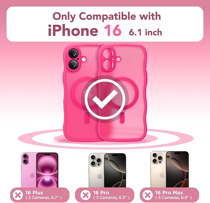 CAPRARO for iPhone 16 Case for Women Girls, Upgraded [Full Camera Protection] [Compatible with MagSafe] Cute Wave Translucent Matte Phone Case for iPhone 16, Hot Pink