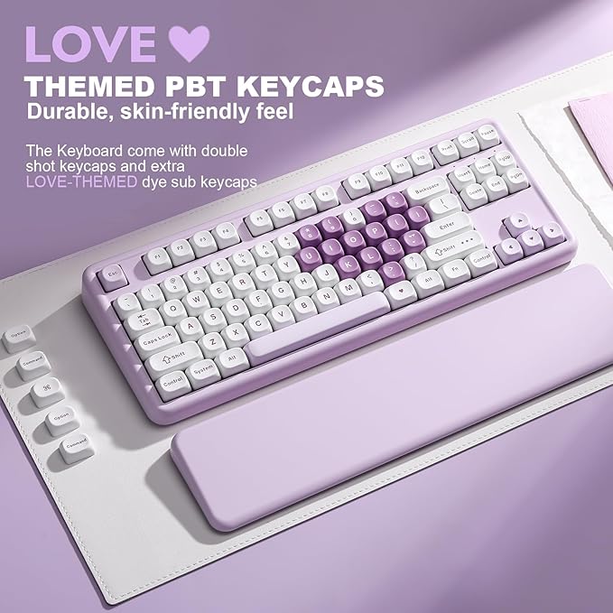 YUNZII B87 Wireless Mechanical Keyboard,QMK/VIA Programmable,TKL Layout 87 Keys,BT/2.4G/USB-C,Hot Swap Gasket Mount RGB Backlit Gaming with Wrist Rest for Win/Mac (Purple Heart, Milk V2)