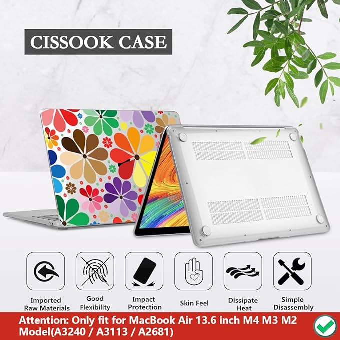 CISSOOK Compatible with MacBook Air 13.6 inch Case 2026 2025 2024 2023 2022 Release A3449 A3240 A3113 A2681, Hard Shell Case Keyboard Cover Set for MacBook Air 13 inch M2 M3 M4 M5, Colorful Floral