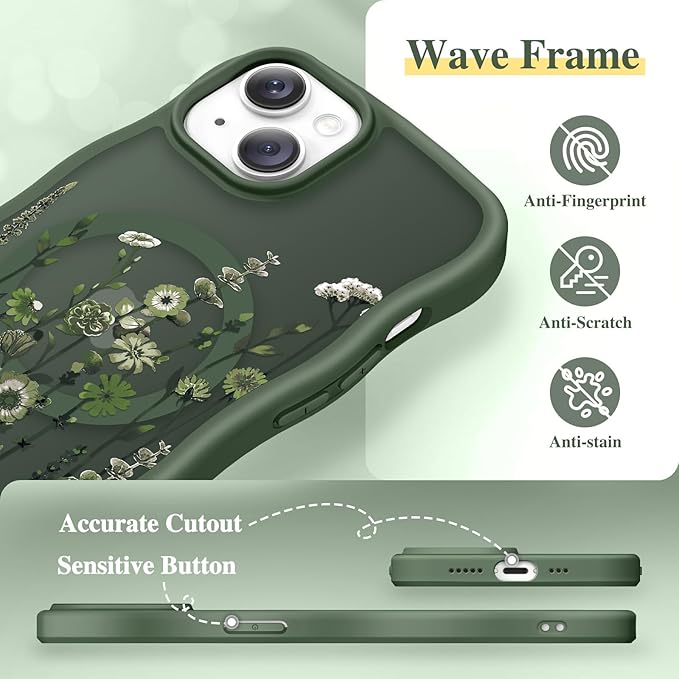 GVIEWIN Cute for iPhone 14 Case & iPhone 13 Case [Compatible with MagSafe][Curly Wave Edge]Floral Translucent Magnetic Shockproof Protective Phone Cover for iPhone 14/13 6.1'', Floratopia/Forest Green