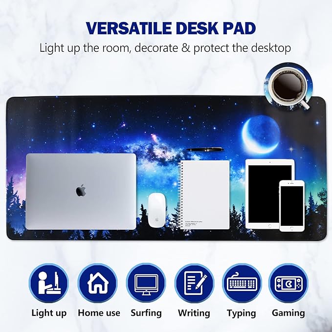 AIMSA Extended Gaming Mouse Pad, XL Large Keyboard Mouse Mat Desk Pad with Stitched Edges, Durable Non-Slip Base Mousepad for Home Office Work, 35x15.7inch, Forest Moon Sky
