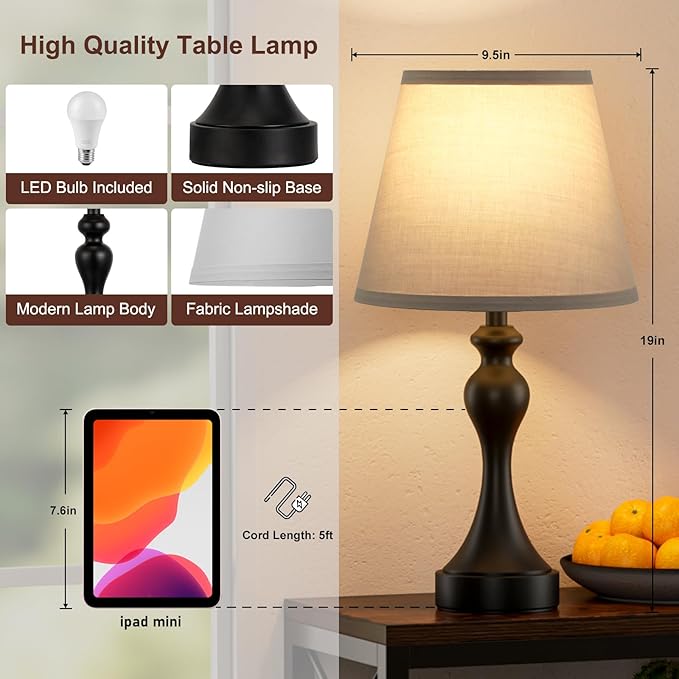 Seealle Touch Lamps for Nightstand - Bedside Lamps Set of 2, 3 Way Dimmable, USB C+A for Bedroom & End Tables (Black&Grey)