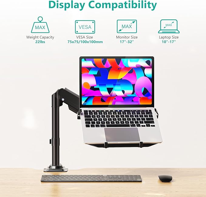 WALI Laptop Desk Mount for 15.6 inch Notebook, Fully Adjustable Single Monitor Arm with Laptop Holder for 32 inch Screen, Laptops Stand with Ventilated Tray, Up to 22 Lbs, (GSDM00LP), Black