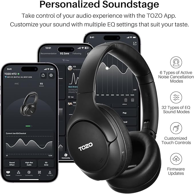 TOZO Hybrid Active Noise Cancelling Headphones, Wireless Over Ear Bluetooth Headset, 60H Playtime, Hi-Res Audio Custom EQ via App Deep Bass Comfort Fit Ear Cups, for Home Office Travel