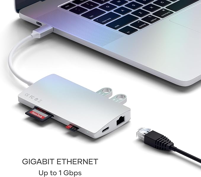 Satechi 8 in 1 USB C Hub Multiport Adapter V2, 4K HDMI, 115W USB C PD Charging, 3 USB-A, Ethernet, Micro/SD Card Readers, for Laptop, MacBook Air/Pro/Neo, iPad Air/Pro, Windows - Silver