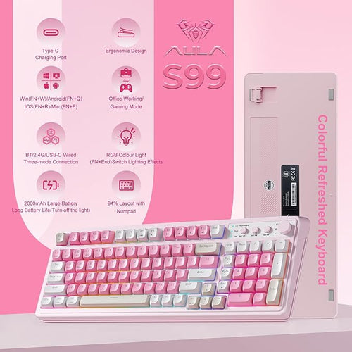 AULA 99 Key Keyboard, Wireless Gaming Keyboard Bluetooth Computer Keyboards Creamy Cute with Number Pad RGB Backlit Tri-Mode BT/2.4GHz/USB-C - Pink
