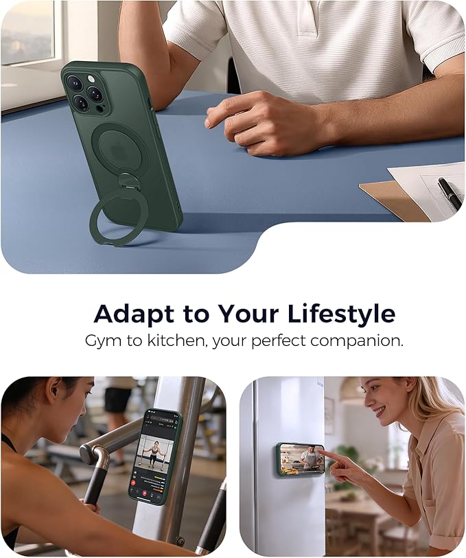 FNTCASE for iPhone 14 Pro Case: [360 Spin Magnetic Stand] [Compatible with Magsafe] [Screen Protector] Translucent Matte Military Grade Shockproof Full Camera Protective Phone Cover - Green