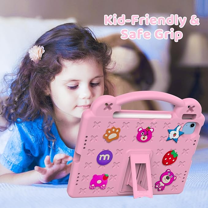 for iPad A16 11th 10th Generation Case 2025 2022 for Kids Boys, with Shoulder Strap Cute DIY Figures Kids Friendly Shockproof Handle Stand Protective Case Cover for Apple iPad 11th 10th Gen,Pink
