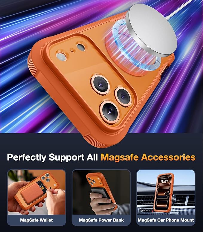 Diaclara Magnetic Designed for iPhone 17 Pro Max Case Full Body Bumper,[Compatible with MagSafe] Military Drop Proof Cover with Built-in Privacy Screen Protector,Orange