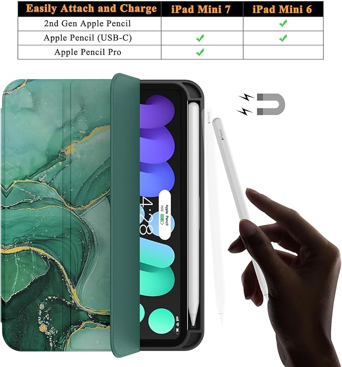 Soke Case for iPad mini 7(A17 Pro) 2024/iPad Mini 6 2021 8.3 inch with Pencil Holder-[Pencil Charging + Auto Wake/Sleep], Soft TPU Back Cover for iPad mini 7th/6th Generation(Green Marble)