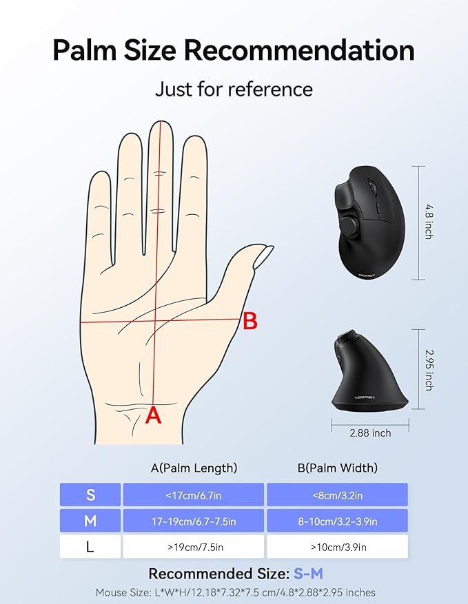 TECKNET Ergonomic Mouse, Rechargeable Wireless Bluetooth Mouse (BT 5.0/5.0+2.4G), Vertical Mouse with Volume Knob, Quiet Clicks, Cordless Mice 6 Adjustable DPI with USB A Receiver, Wide Compatibility