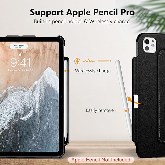 Fintie Rotating Case for iPad Pro 11-inch (M5) 2025 / (M4) 2024 - [Built-in Pencil Holder] 360 Degree Swiveling Smart Stand Protective Cover, Auto Sleep/Wake, Black