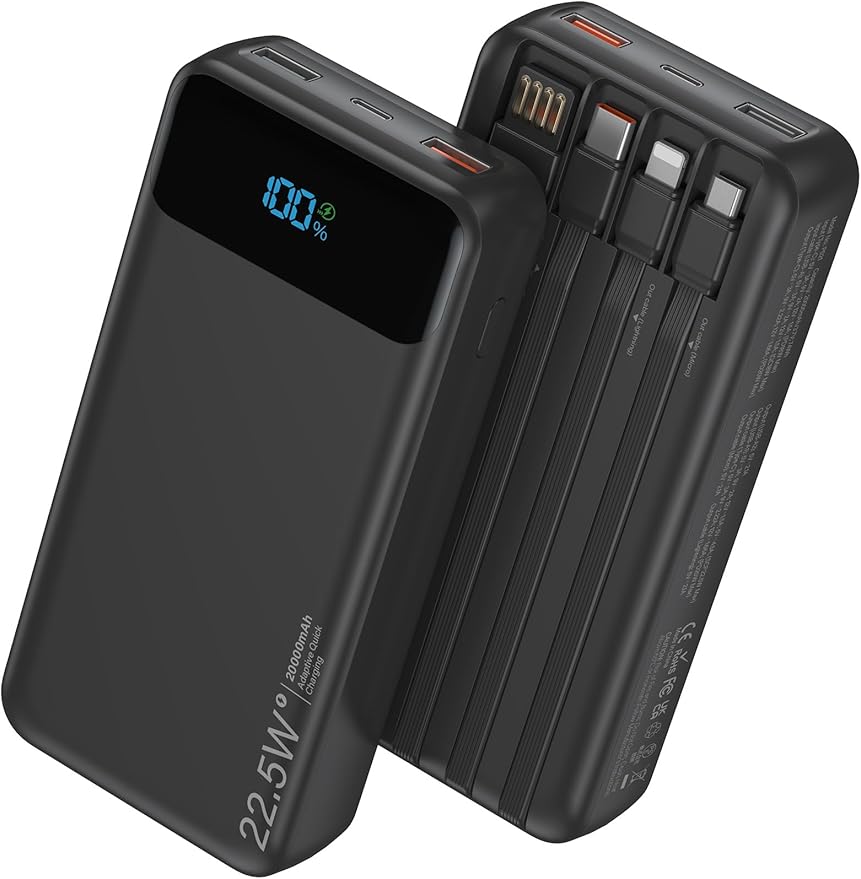Portable Charger, 20000mAh 22.5W Fast Charging Power Bank with 4 Built-in Cables, Travel Essentials External Battery Pack with LED Display, 6 Outputs Charging Bank for iPhone, iPad, Samsung etc Black