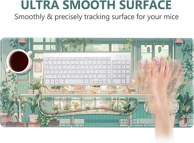 DINKY Large Mouse Pad and Keyboard Wrist Rest Set, Extended Desk Mat Keyboard Wrist Rest, 4in1 Ergonomic Memory Foam Desk Mat Protector Blotter for Home Office-Nice Green Window