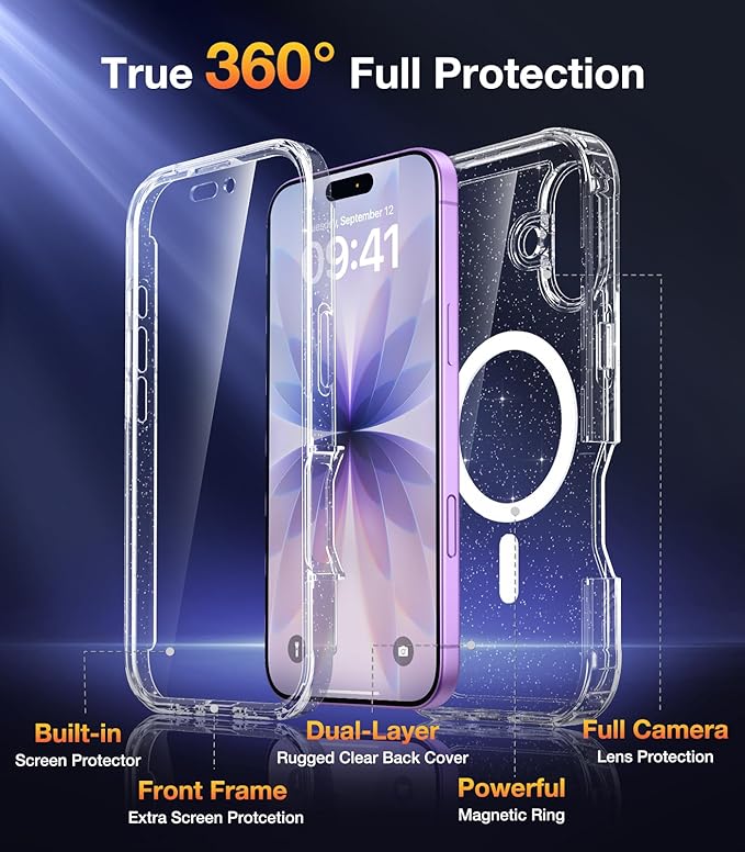 Diaclara Magnetic Designed for iPhone 17 Case 6.3 Inch Full Body Bumper,[Compatible with MagSafe] Military Drop Proof Cover with Built-in Touch Sensitive Anti-Scratch Screen Protector Clear Glitter