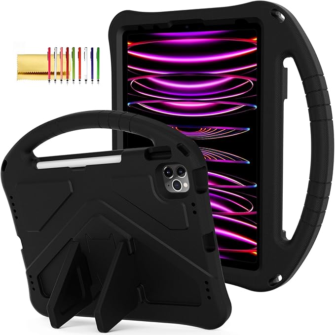 Kids Case for iPad Pro 11" 2022/2021/2020/2018 & iPad Air 5th/4th Gen, Techcircle Pencil Holder Lightweight Shockproof EVA Foam Handle Stand Anti-Slip Grip Rugged Cover, Black