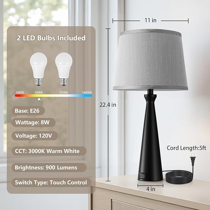 Seealle Modern Table Lamps Set of 2 - Touch Bedside Lamp for Nightstand with Dual USB C+A,3-Way Dimmable Nightstand Lamps for Living Room Bedroom End Table with Grey Shade(Bulb Included)