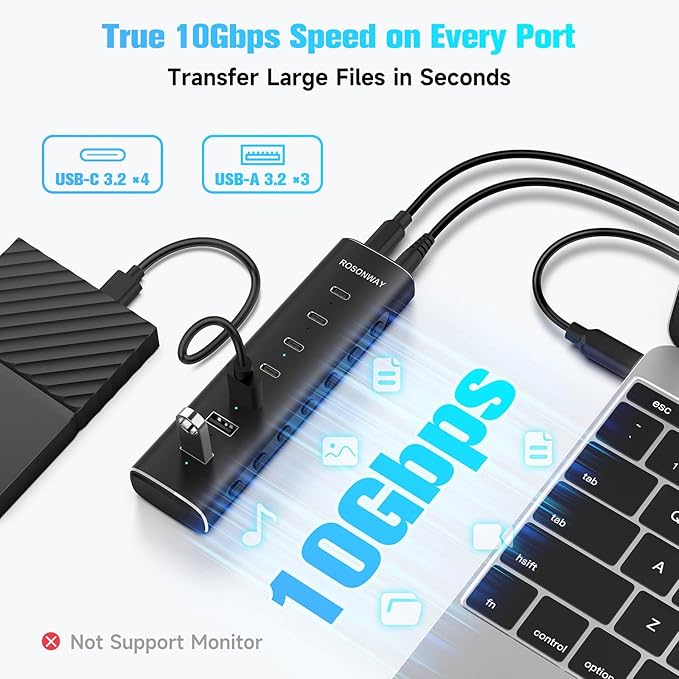 Rosonway 7 Ports Powered USB 3.2/USB C Hub 10Gbps with 4 USB-C 3.2, 3 USB-A 3.2 Ports, 3.3ft Cable and 36W(12V/3A) Power Adapter, Aluminum USB Splitter for Laptop, RSH-H7C4