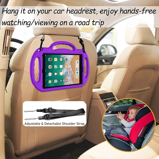 LTROP Kids Case for iPad 5th/6th Generation (2017/2018) & Air 2, Shoulder Strap Handle Stand Shockproof Bumper Cute Kid Case for iPad 9.7 Inch, Purple