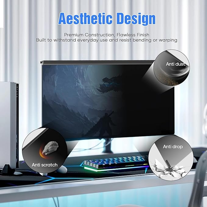 Magnetic Computer Privacy Screen 27 Inch, Aesthetic Hanging Privacy Screen for Computer Monitor with Anti-Blue Light Coating, Removable PVC Magnetic Attachment Computer Monitor Privacy