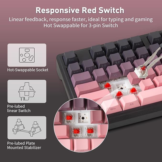 HUO JI Wireless Mechanical Gaming Keyboard with Knob, Bluetooth 5.0/2.4GHz/USB-C Wired, Hot Swappable Red Switches, Anti-Ghosting, Led Backlit, 96% Computer Keyboard for PC Gamer, Pink