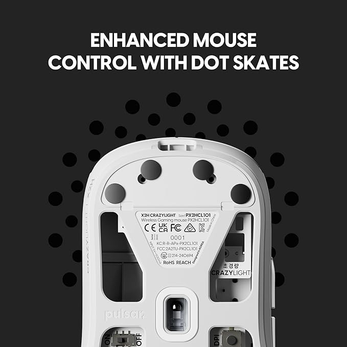 Pulsar Gaming Gears X2H Crazylight Wireless Gaming Mouse, Ultra Lightweight 1.51 oz (43g), Optical Switch, 32000 DPI, 750 IPS, XS-1 Sensor, 8k Compatible (Medium, Uyuni White)
