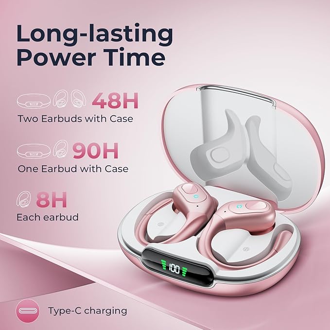 occiam Active Noise Cancelling Earbuds Wireless Bluetooth Headphones Ear Buds 90Hrs Playback Stereo Bass Earphones with Mic Over-Ear Hooks IPX7 Waterproof Headset for Work Sports (Rose Gold)