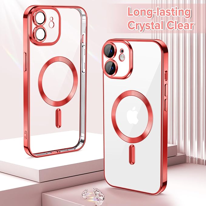 Hython Magnetic Clear for iPhone 11 Case with Camera Lens Protector [Compatible with MagSafe] Luxury Plating Edge Slim Soft TPU Cover Protective Phone Case for iPhone 11 6.1", Red