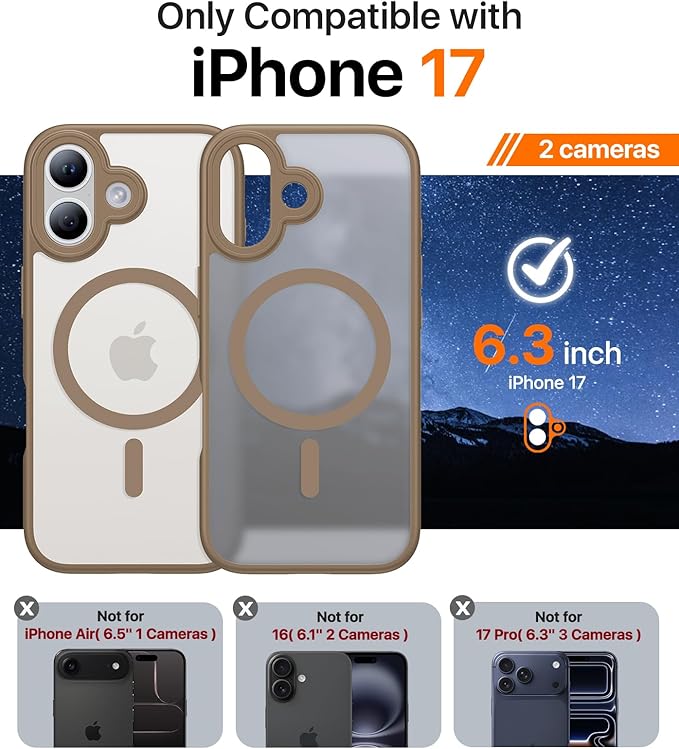 Magnetic for iPhone 17 Case,[Anti-Slip][Compatible with MagSafe][Military Grade Drop Protection] Shockproof Protective Translucent Matte Phone Case for iPhone 17 Case,Brown
