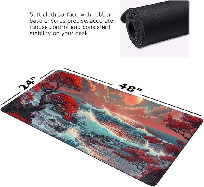 XXXL Japanese Sea Wave Desk Mat 48"x24" - Full Desktop Protector & Non-Slip Gaming Mouse Pad with 3mm Thick Base & Stitched Edge for Dual Monitors, Office & Home