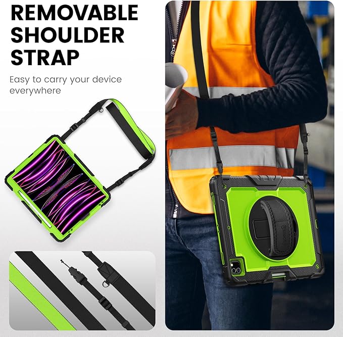 Timecity for iPad Pro 12.9 Case 6th/5th/4th/3rd Gen, 360° Rotating Stand, Pencil Holder & Wireless Charging, Shockproof with Screen Protector & Shoulder Strap - for Designers & Professionals - Green