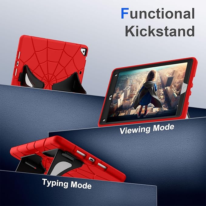 Case for iPad 6th/5th Generation 9.7 Inch 2018/2017, Rugged Full-Body Heavy Duty Soft Silicone Cute Protective Case Kids Boys Girls Cover with Handle Stand for iPad Air 2/Pro 9.7 - Red+Black
